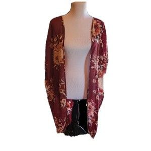 West Coast Love - Kimono Maroon w/ Floral Womens L/XL 100% Polyester Lightweight